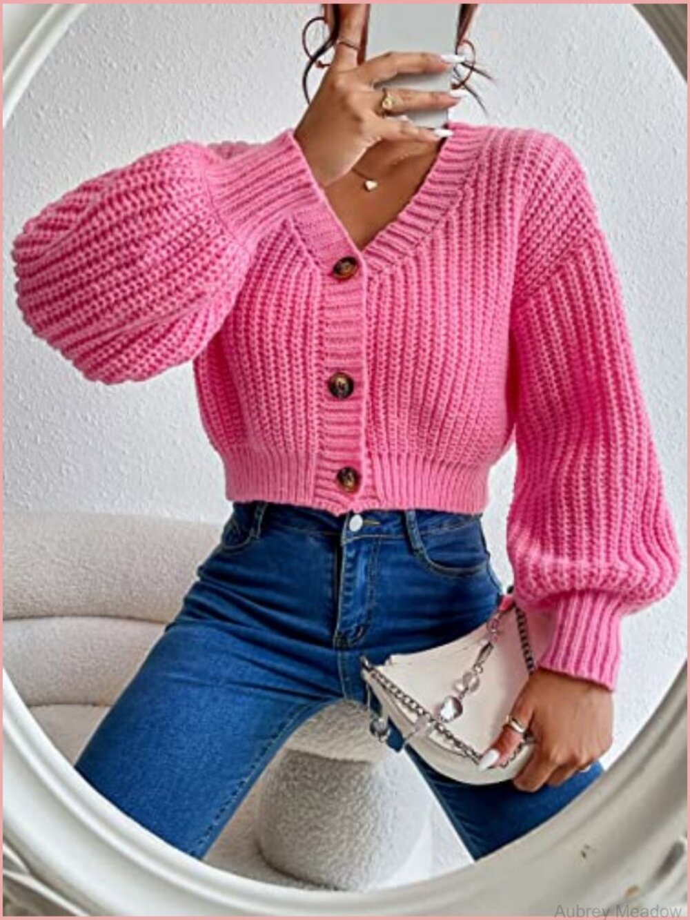 Chunky Crop Cardigan Sweater Button Up Cable Knit Lantern Sleeve - Picture 7 of 7